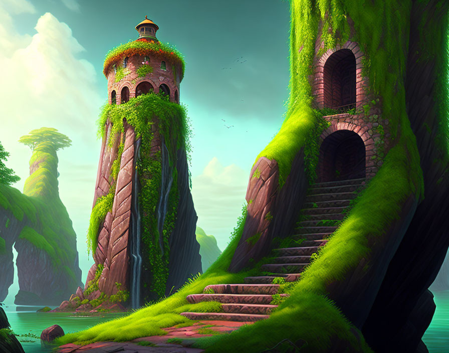 Digital artwork: Fairytale landscape with tower on rocky outcrop