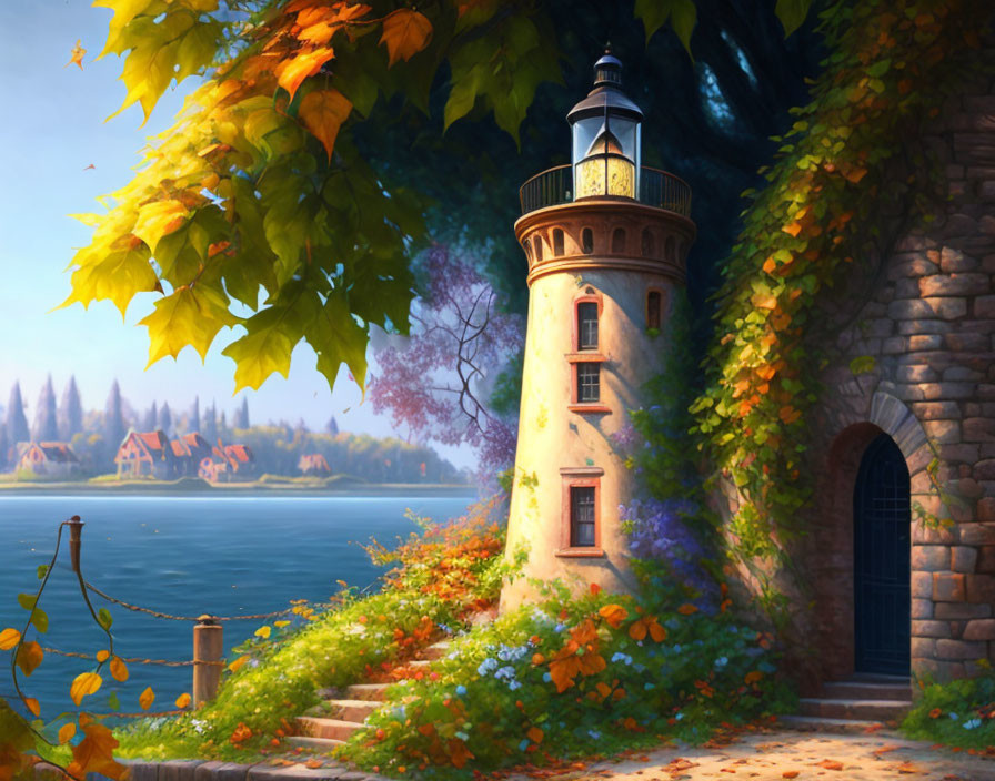 Stone lighthouse in autumn setting by lakeside village