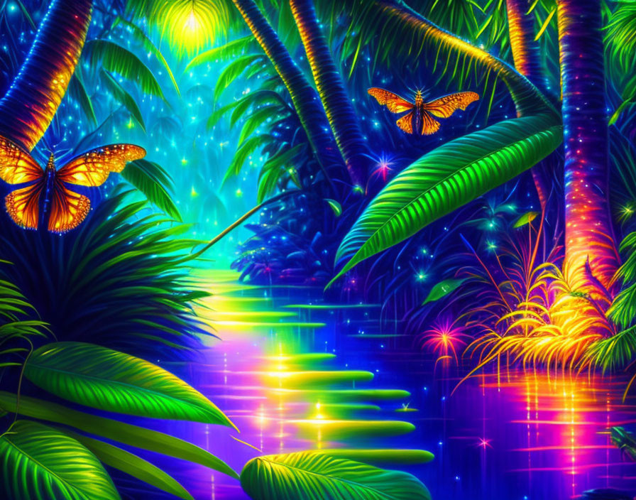 Neon-lit tropical scene with glowing butterflies