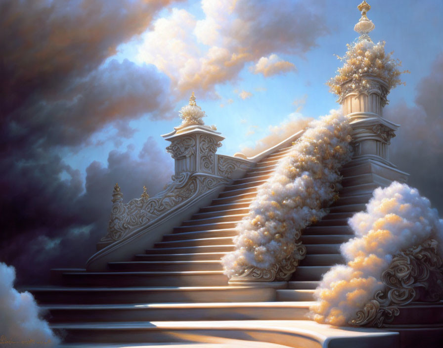 Baroque-style stairway ascends into cloudy sky.