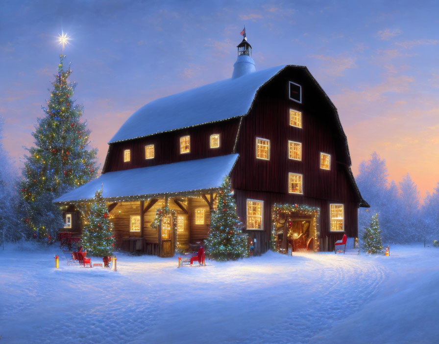 Snow-covered house with Christmas trees and lanterns in tranquil winter scene