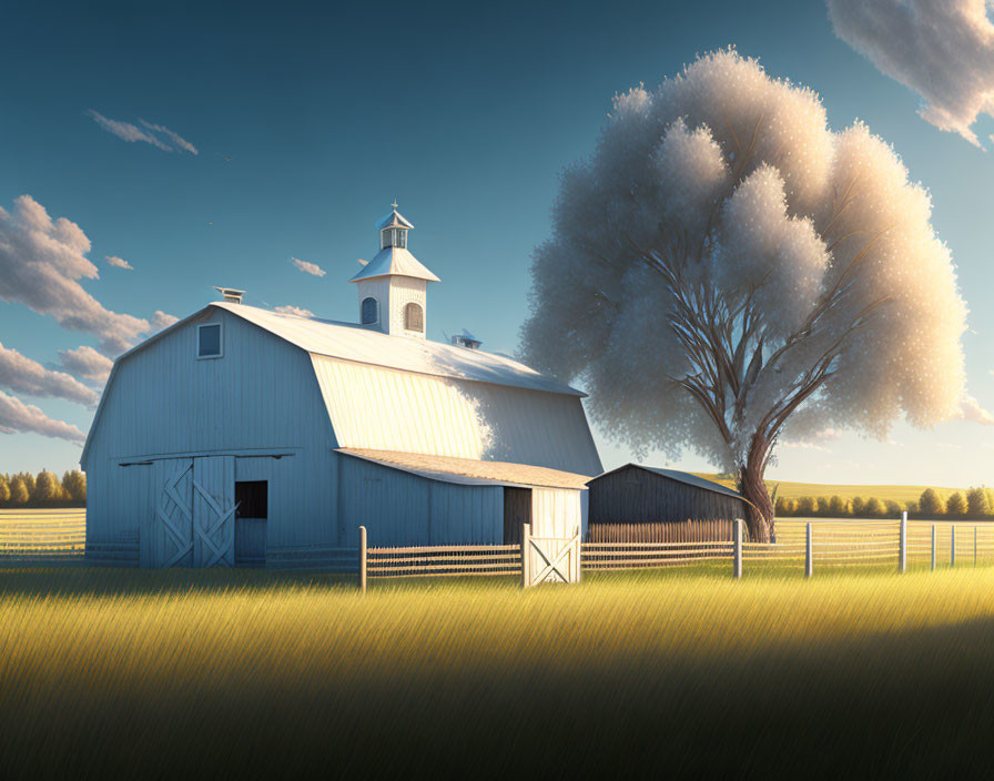 Rural scene with blue barn, outbuilding, fence, and tree at sunset