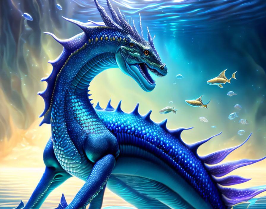 Blue dragon emerges underwater with detailed scales and fins highlighted by light effects