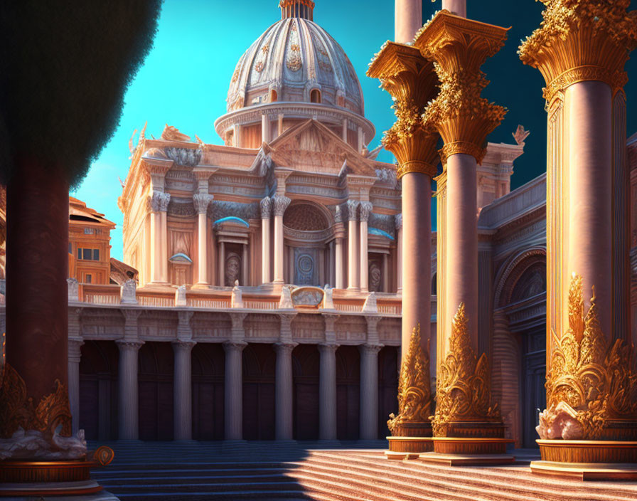 Fantastical digital artwork of ornate building with golden columns and grand dome