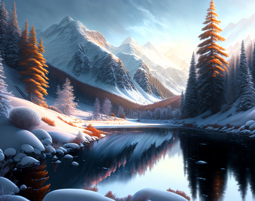 Snowy Winter Landscape with Mountains, River, and Sun Glow