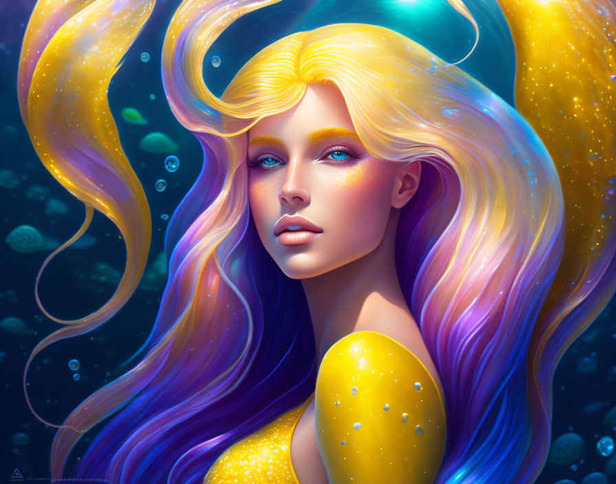 Colorful Female Figure with Flowing Hair in Aquatic Setting