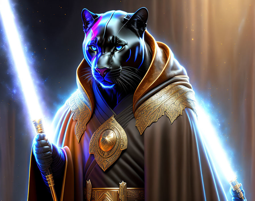 Anthropomorphic panther digital art: blue lightsaber, regal robes, cosmic backdrop