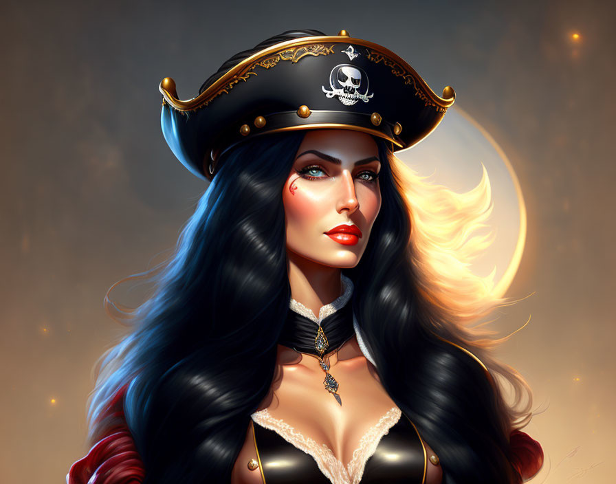 Woman with Long Black Hair in Pirate Hat on Amber Background