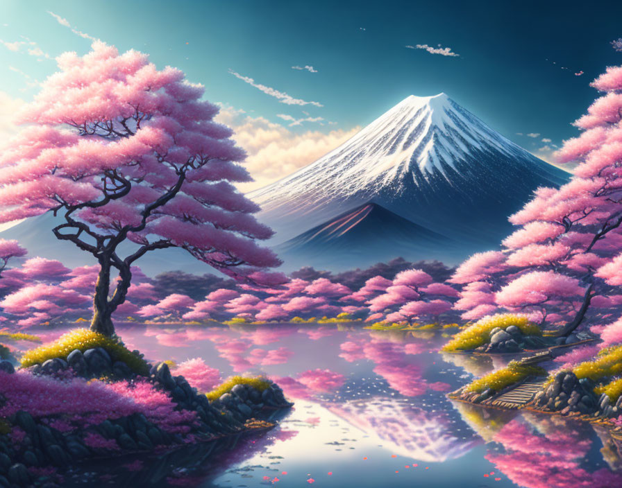 Tranquil Cherry Blossom Lake with Snow-Capped Mountain