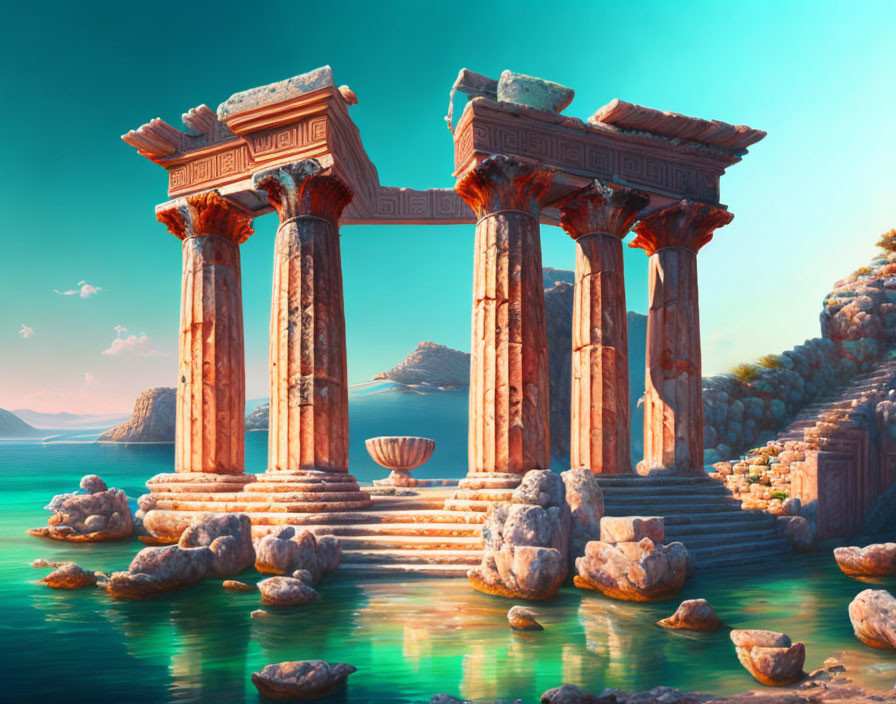 Ancient Greek ruins with Doric columns in clear water and serene seascape