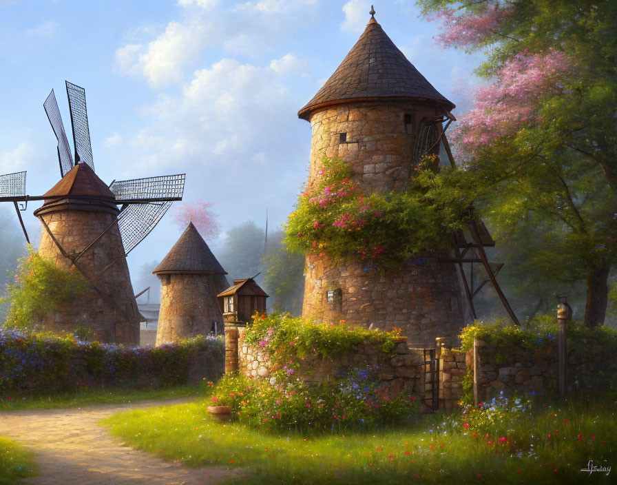 Rustic windmills and blooming flowers in serene landscape