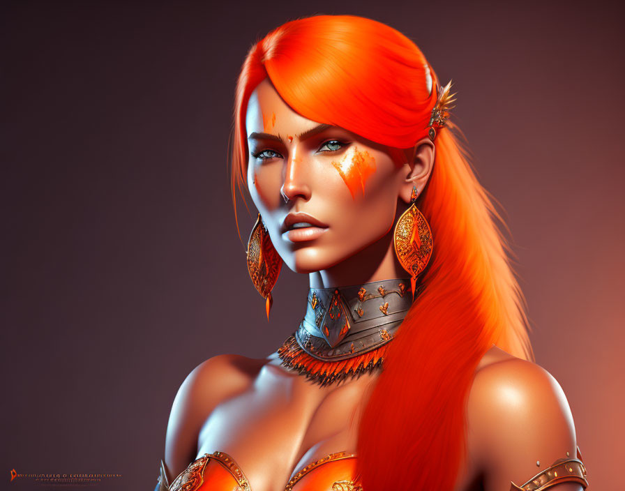 Fiery orange-haired female character with tribal makeup and ornate accessories.