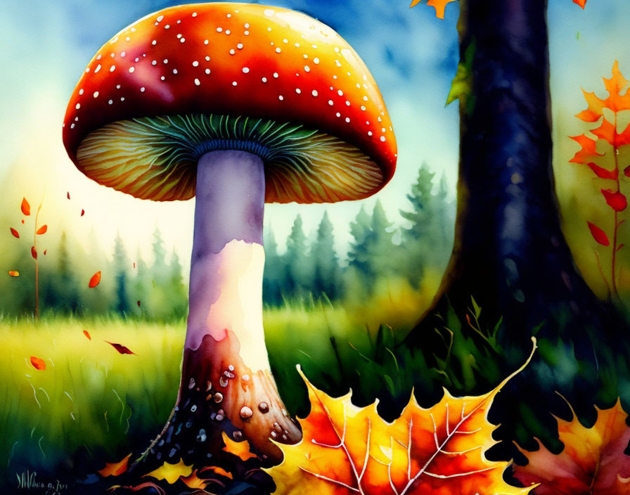 Colorful watercolor painting: Red toadstool mushroom in autumn forest