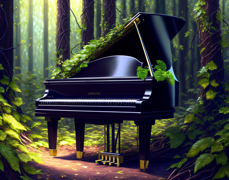 Grand Piano in Forest Clearing with Sunlight Filtering through Trees