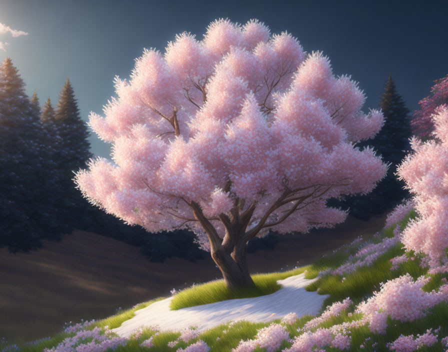 Cherry blossom tree in serene landscape at sunset