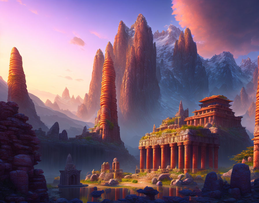 Fantasy landscape: towering rocks, temple, lake, sunset sky