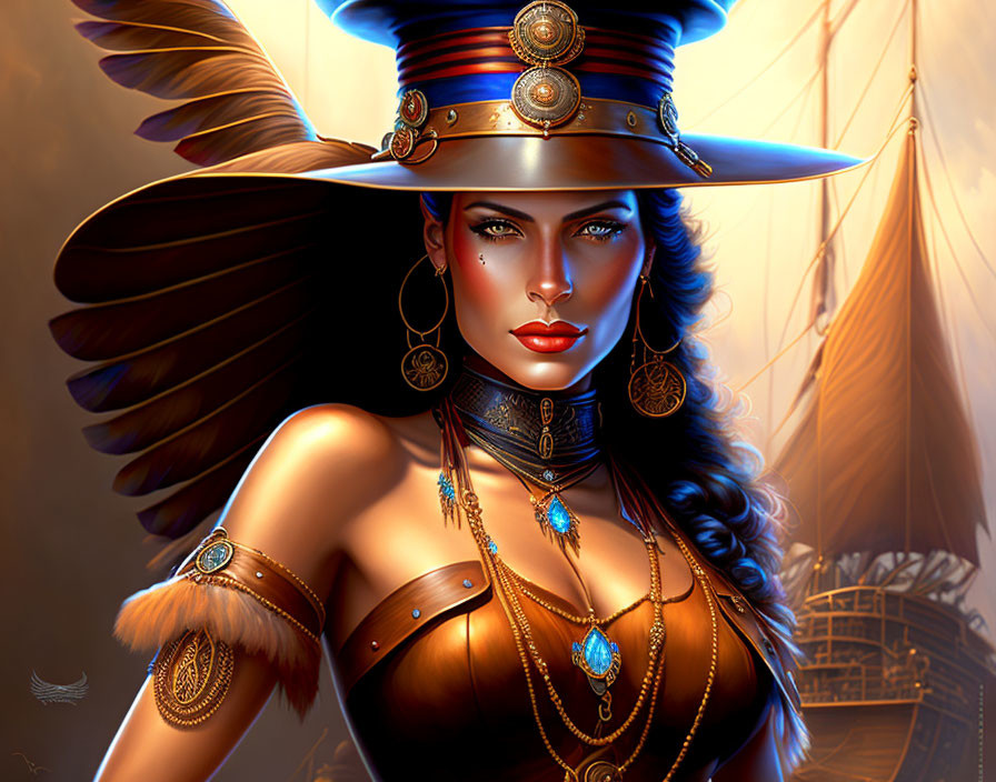 Steampunk-themed digital art of a woman with mechanical wings and top hat by a sailboat