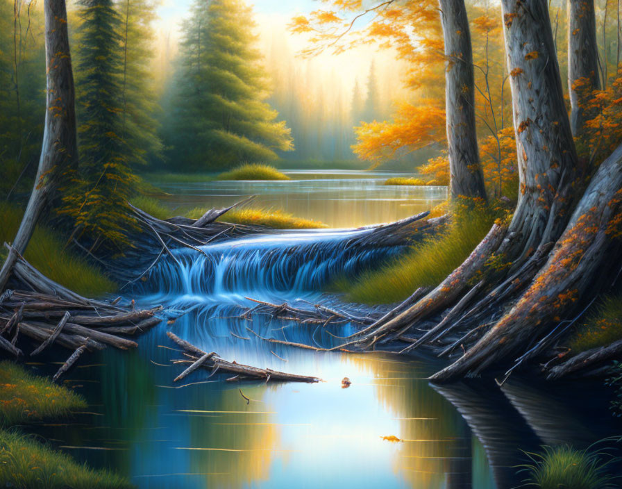 Serene forest with autumn trees and small waterfall