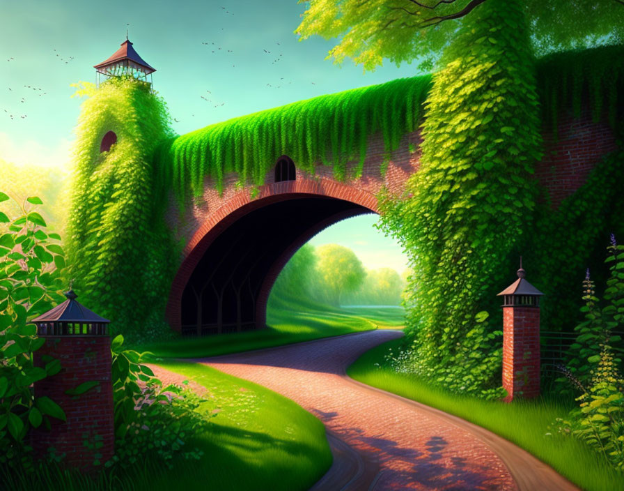 Tranquil landscape with brick arch bridge, ivy, lush greenery, and lighthouse