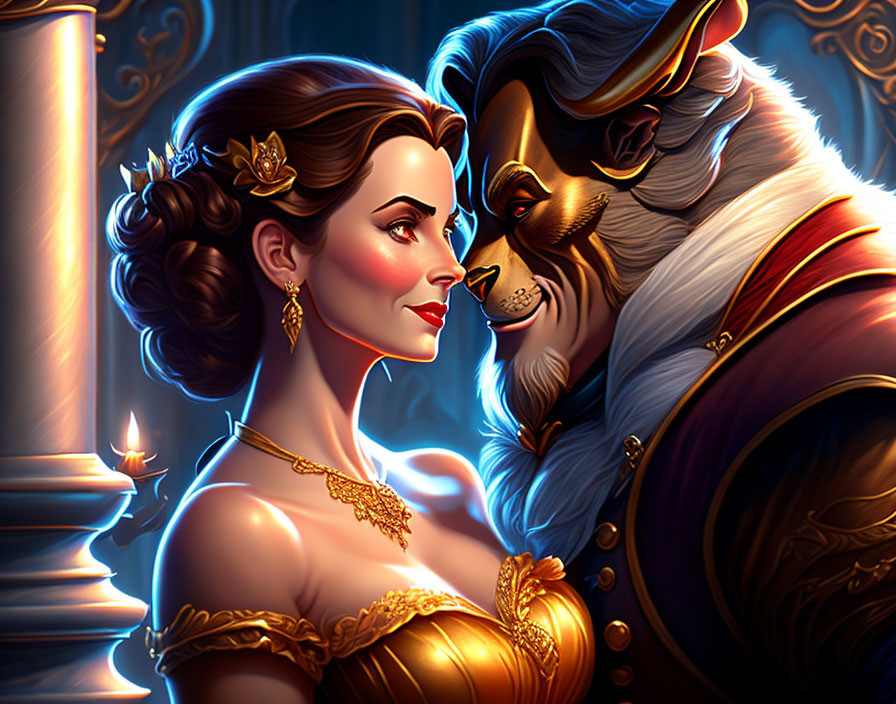 Elegantly dressed woman and regal beast-man in tender moment by candlelight