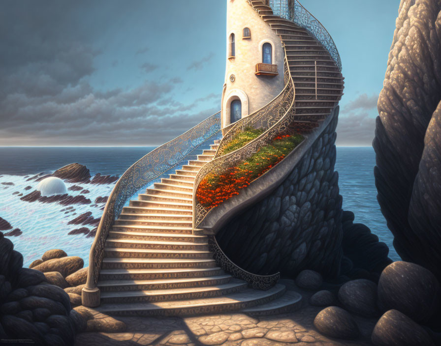 Coastal tower with spiral staircase overlooking serene ocean