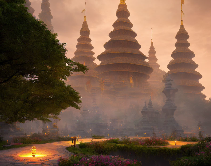 Mystical temple complex at dawn with fog, spires, tree, lantern, flowers, and