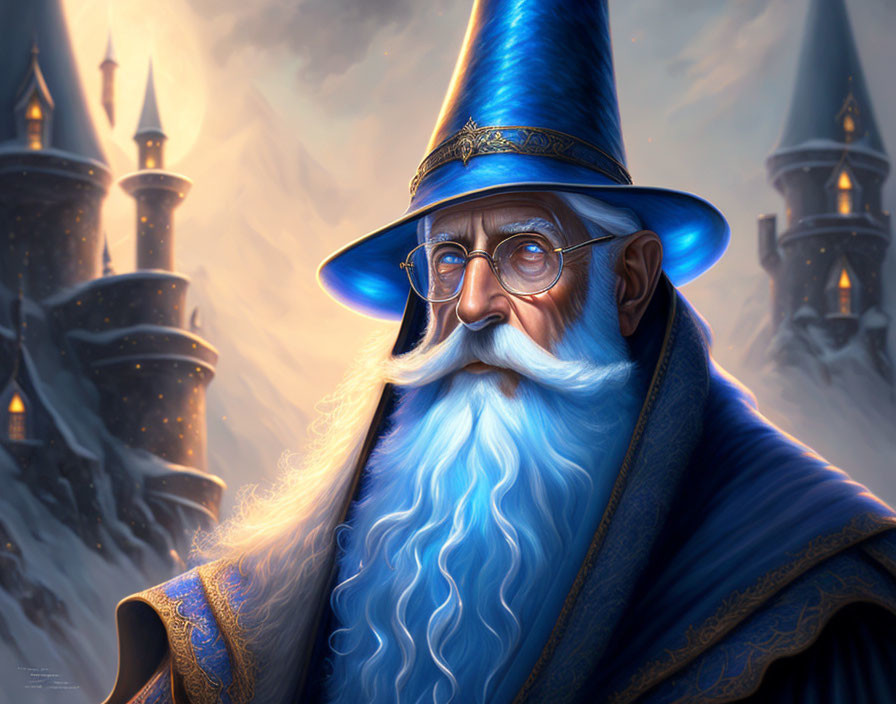 Illustration of wise old wizard with long white beard in blue robes at snowy castle