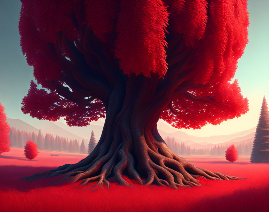 Vibrant red tree in surreal landscape with expansive roots