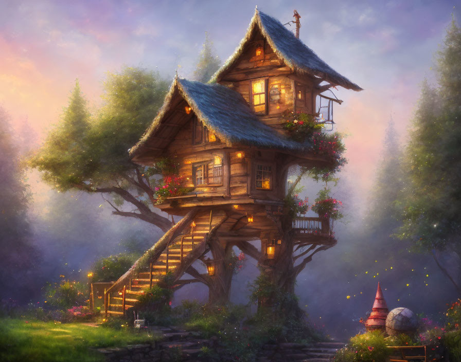 Cozy wooden treehouse with staircase, flowers, and greenery at twilight