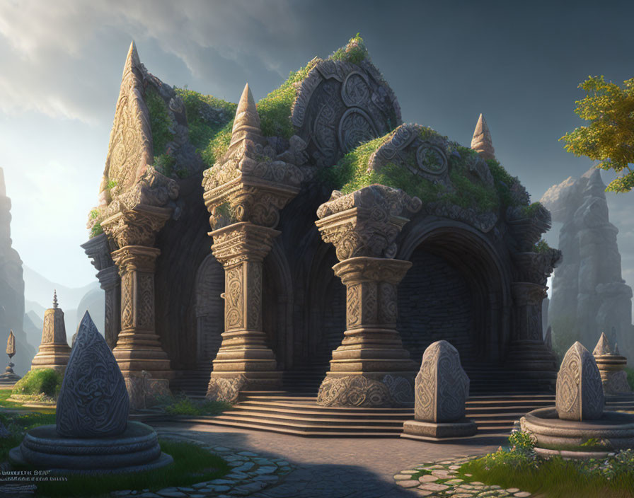 Ancient stone temple with intricate carvings in misty greenery