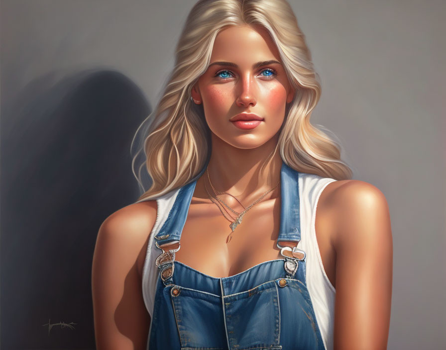 Blonde Woman in Denim Overall with Blue Eyes Portrait