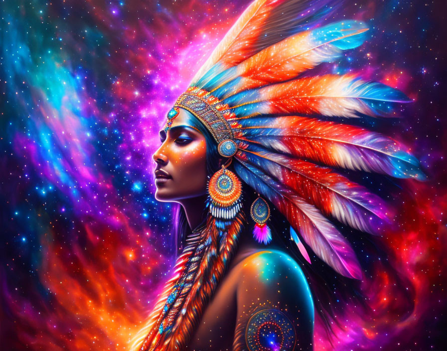 Colorful Feathered Headdress Portrait Against Cosmic Background