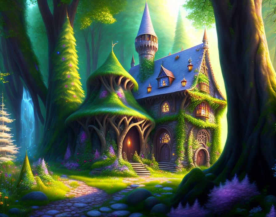 Enchanted forest with fairy-tale castle and vibrant plants