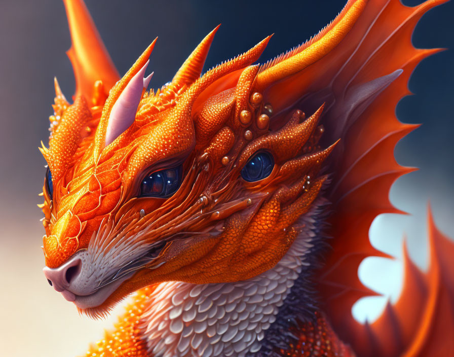 Detailed fantastical dragon with multiple horns and blue eyes.