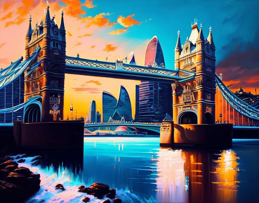 London Tower Bridge and skyline in vibrant sunset illustration