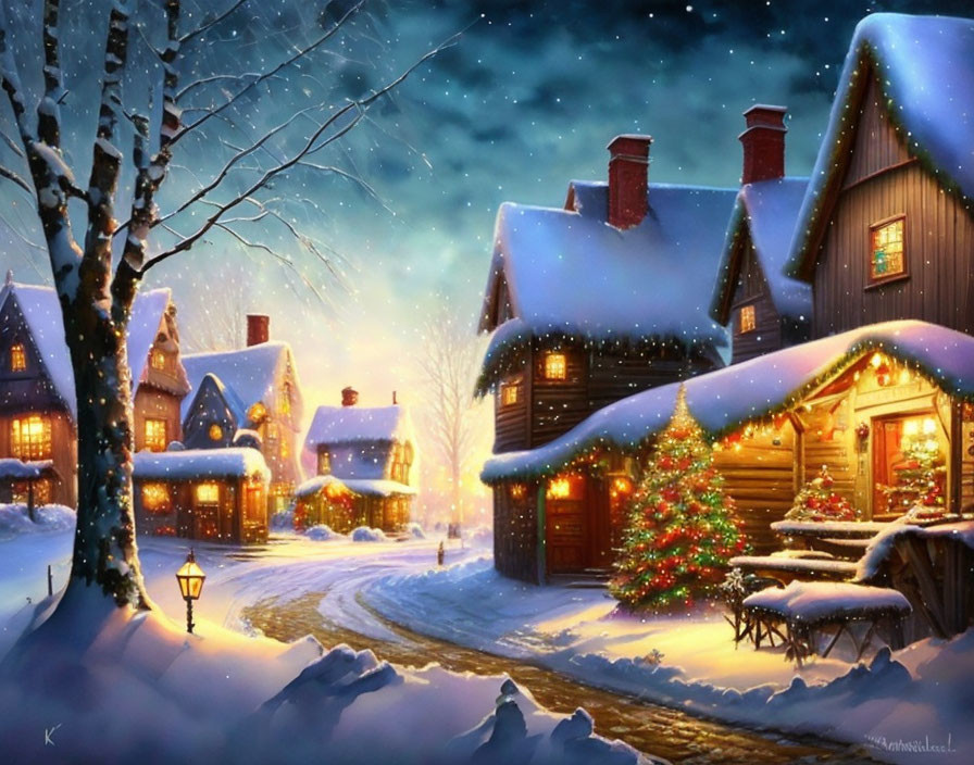 Snow-covered Village with Illuminated Houses and Christmas Decorations