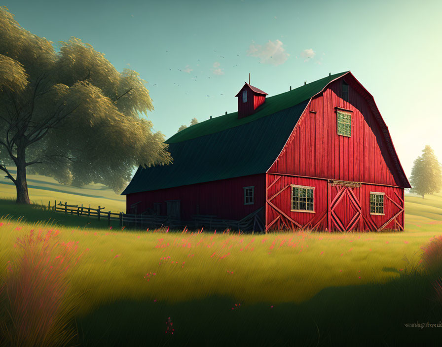 Tranquil landscape with red barn, weathervane, trees, fence, field of pink