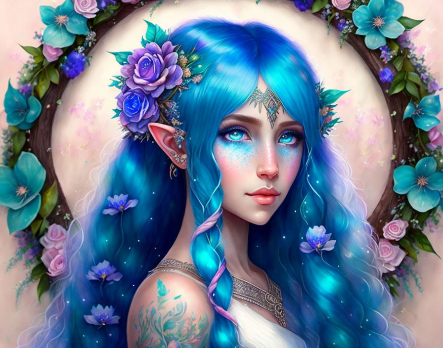 Fantasy Female Character with Blue Hair and Elf Ears in Whimsical Setting