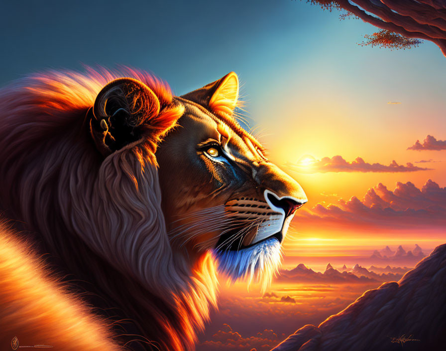 Profile of majestic lion against dramatic sunset sky with mountain silhouettes