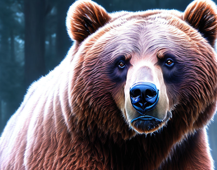 Brown bear's head with focused gaze in misty wooded background