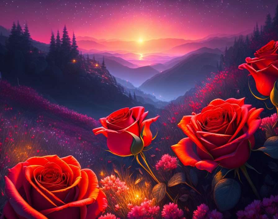 Red Roses in Foreground, Purple Fields, Mountains, Sunset Sky