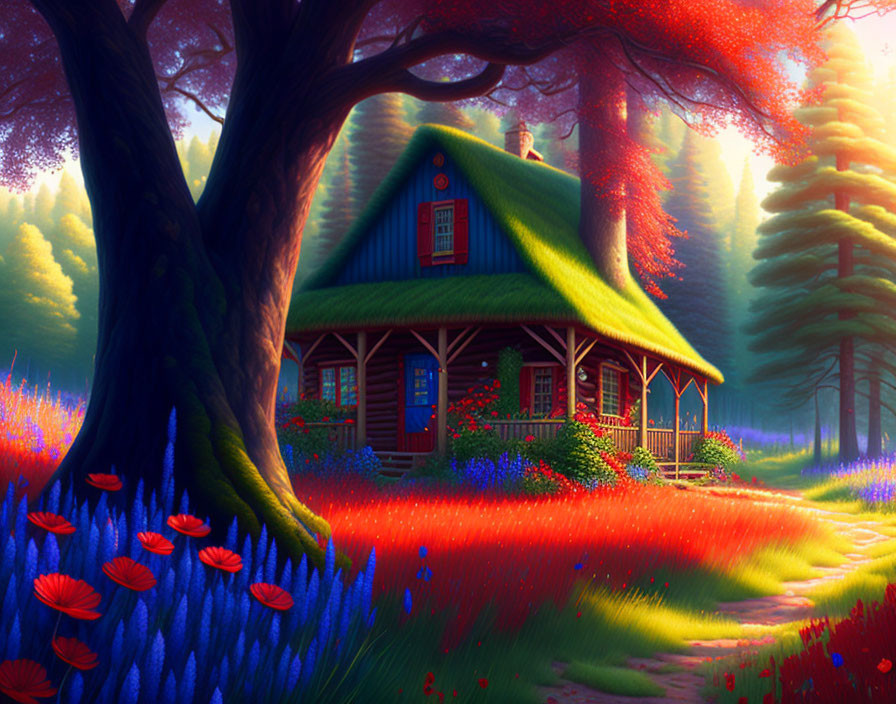 Colorful Cottage Surrounded by Trees and Flowers