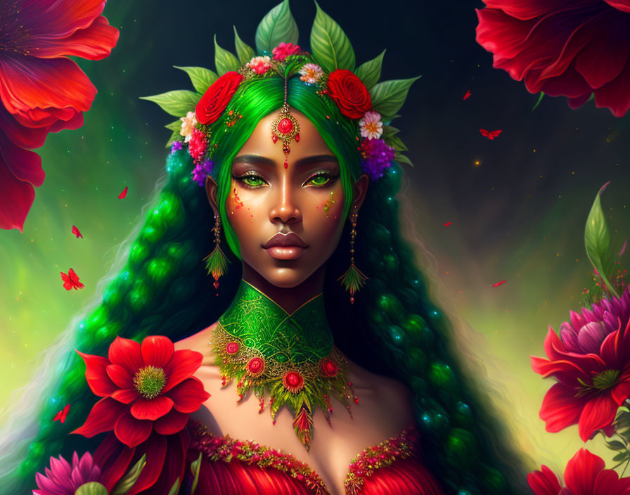 Fantasy illustration: Woman with green hair, flowers, red blooms, butterflies