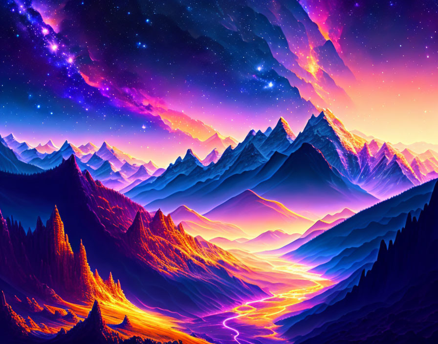 Colorful digital artwork: Mountain landscape under starry sky