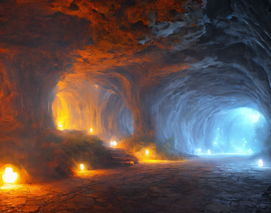 Ethereal blue and warm orange illuminated cave pathway