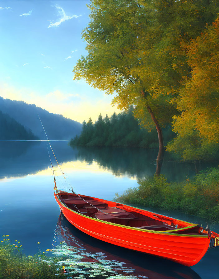 Tranquil lake scene with red boat under autumn tree