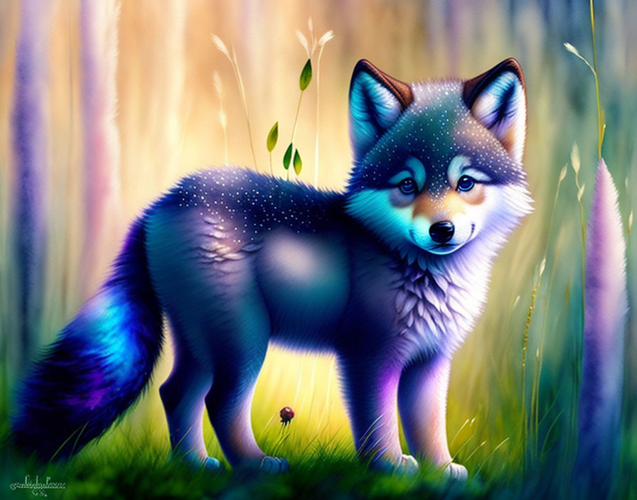 Colorful Fox Illustration in Blue and Gray Forest Scene