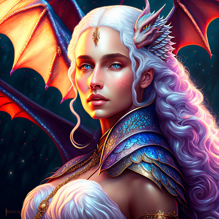 Fantasy illustration of woman with platinum hair and blue eyes with small dragon in matching armor