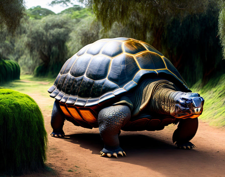 Shiny brown-and-black shell tortoise in sunlit path