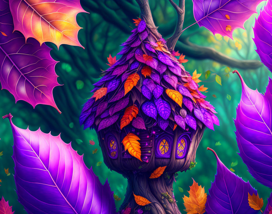 Whimsical treehouse illustration with purple leaf roof in enchanting forest